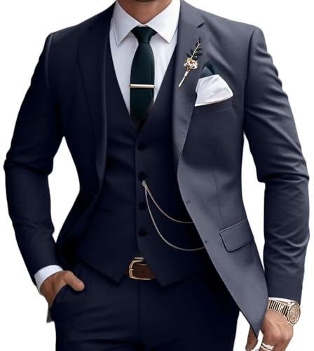 Lanshion 3 Pieces Suits for Men, Men's 2 Button Slim Fit Suit Set Notched Lapel Solid Blazers Vest Pants Set, Navy Blue, L