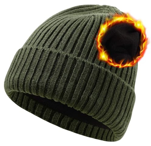 CHUANGLI Överdimensionerad XXL vinter ull mössa hattar för män kvinnor fleecefodrad mössa mjuk varm stickad mössa skidstrumpa manschettmössa, Armégrönt, XL/XXL