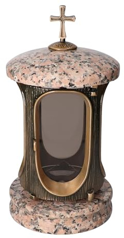Elegante lanterna in granito rosso porino, altezza 23 cm, diametro 15 cm, elegante lanterna in granito, elegante lampada funeraria in bronzo con base