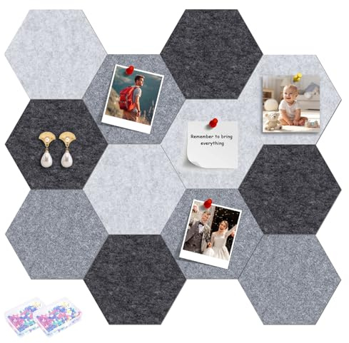 12 tablones de anuncios hexagonales de fieltro, 26 x 30 cm, de fieltro, autoadhesivo, con 50 chinchetas, tablón de anuncios para habitación infantil, oficina, tablero de fieltro, tablón de notas para