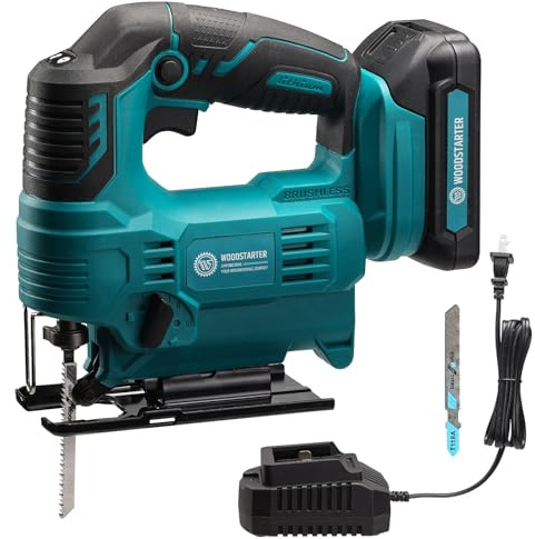 WOODSTARTER Cordless Jig Saw with Brushless Motor, 3 Adjustable Speed Settings, 45°-90° Cutting Angle, Compatible with T-Shaped Blades, Includes Dust Blowing Feature(With Battery and Charger)