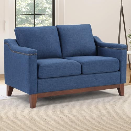 HAOMARKETS Vintage 2-Seater Upholstered Loveseat Sofa with Nailhead Trim, High-Density Foam Cushion & Solid Wood Legs, Soft Fabric Couch for Small Spaces, Blue