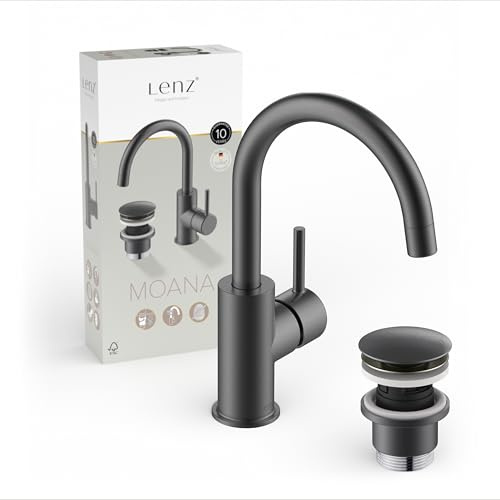 Lenz Waschtischarmatur MOANA in Graphit – wassersparend dank hochwertiger Markenmischdüse – Anti-Fingerabdruck Oberfläche – 360° schwenkbarer Bogenauslauf – 46012331