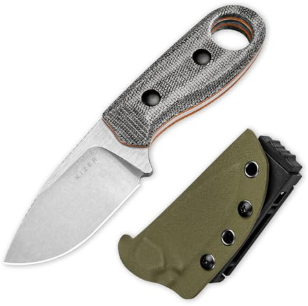 Kizer Beaver Kniv med Fast Blad och Slida, 7 cm Nitro-V Stålblad EDC Campingkniv med Svart Micarta och Orange G10 Handtag, Små Bushcraft Överlevnads- och Jaktknivar för Män och Kvinnor, 1078A2