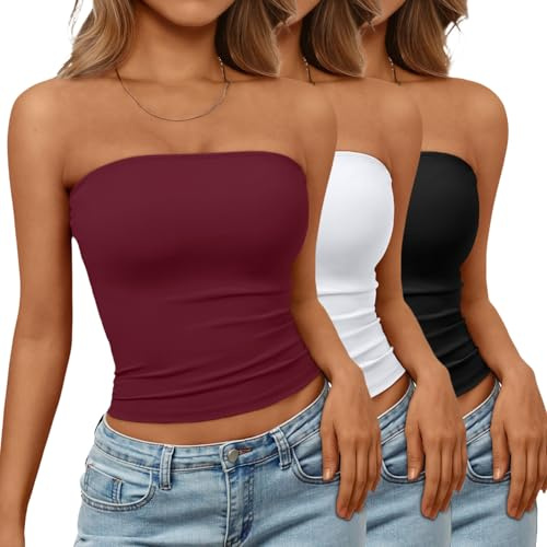 Trendy Queen Womens 3 Pack Strapless Backless Tube Tops Sleeveless Going Out Crop Bandeau Tops Cute Summer Clothes 2026 Black,White,Burgundy M