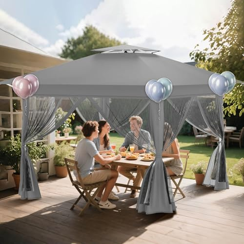 XMTECH Trädgårdspaviljong 4 x 4 m vattentät, popup hopfällbar paviljong med dubbelt tak och 4 myggnät, UV-skydd, vindtät, justerbar höjd i 3 steg, robust ram och 210D oxfordtyg, silvergrå