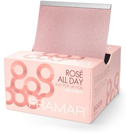Framar Papel Mechas Peluqueria - Papel Aluminio Peluqueria, Láminas para el Cabello Precortadas y Antideslizantes en Caja Dispensadora – Rosa Oro, 500 Hojas - 12,7 x 28 cm