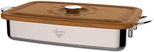 Lagostina Patrimonio Lasagnera per Forno con Coperchio di Legno di Ciliegio, Acciaio Inox e Legno, 22x35 cm