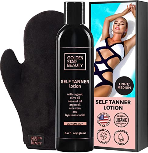 Self Tanner with Tanning Mitt - Sunless Tanning Lotion w/Hyaluronic Acid & Organic Oils Gradual Body Bronzer for Light or Medium Tan 8.0 fl.oz …