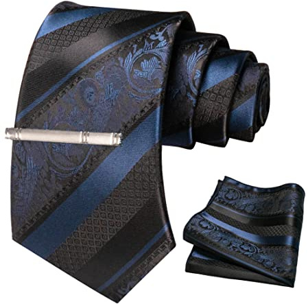 JEMYGINS Cravate Homme Bleu Foncé en Soie Rayures et Impression Mariage et Pinces à cravate et Carre de poche Ensemble Compris boîte(10)