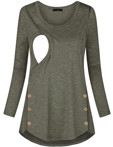 Pregnancy Shirts, Quinee Women Casual Crew Neck Long Sleeve Cute Button Decor Trapeze Slimming Fashion Nursing Tops Maternity Winter Clothes Breastfeeding Tunic Olive Green S