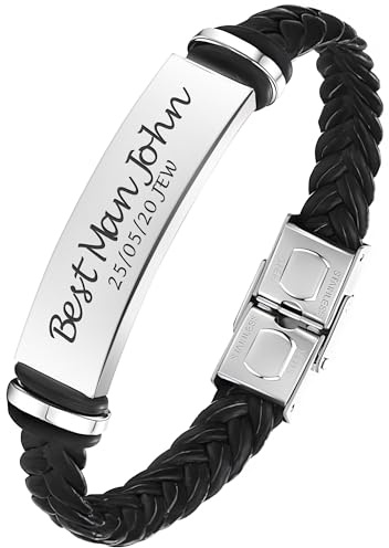 EDSG Personalised Mens Bracelet | Leather Engraved Bracelet Gift for Boyfriend Husband Dad Bestman | Gift for Christmas, Birthday, Wedding, Anniversary, Father's Day (Best Man)