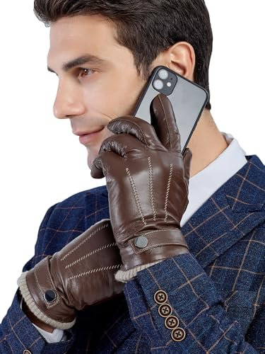 GSG SINCE 1998 Lederhandschuhe Herren aus echtem mit Futter Warm Wolle Gefüttert Touchscreen Lammfell Handschuhe Winter Braun S