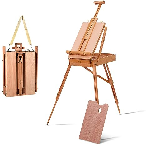 COSTWAY Cavalletto Regolabile Treppiede con Cassetto, Professionale Multiuso per Dipingere e Disegnare, in Legno di Faggio, Altezza Regolabile, 71x114x180cm