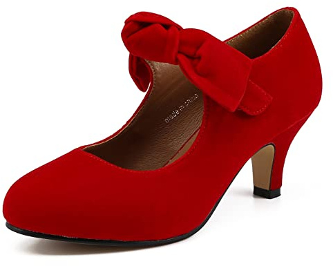 Women's Bow Heels Mary Jane Kitten Heel Pumps Round Toe Low Heels Ankle Strap Wedding Evening Party Dress Shoes Red Size 7