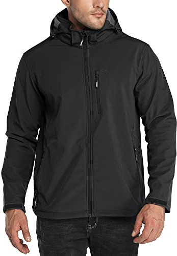 33,000ft Men's Waterproof Jackets Fleece Lining Softshell Jacket - Multi Pockets Outdoor Windproof Coat With Detachable Hood Black M