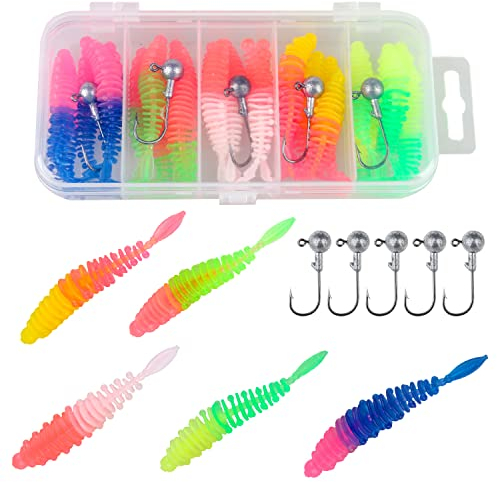 Leeko Gummifische, Wurm Kunstköder Set, Gummiköder mit Jigköpfe, Hechtköder, Forellenköder für Forelle, Barsch, Hecht, Döbel, Zander