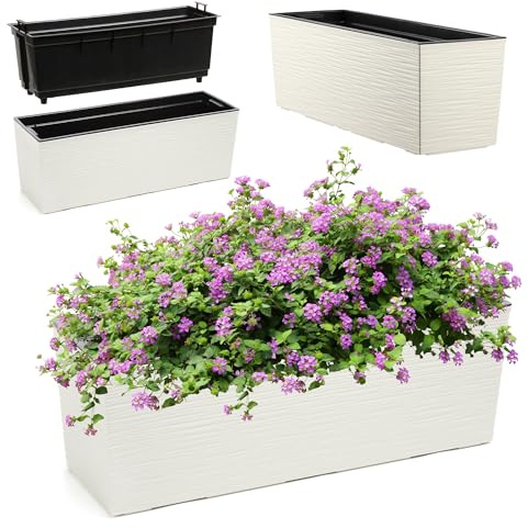 KADAX Blomlåda av plast, 18,5 x 56 cm, planteringslåda med insats, väderbeständig balkonglåda, rektangulär blomkruka, blomkruka utomhus (trämönster, kräm)