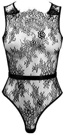 Body sexy da donna in pizzo, aperto sul retro con cintura regolabile,nero,S