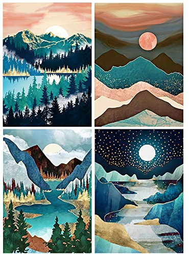 Set di 4 immagini 5D, 30 x 40 cm, pittura astratta con diamanti, paesaggio montagne e fiume, per adulti