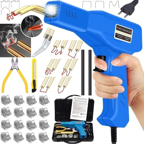 220W Soudure Plastique, 2 en 1 Kit Reparation Souder Plastique, Soudeuse Plastique avec 800Pcs 6-Types Agrafeuse Chaud, 2PCS Bâtons Soudage&1 Grattoi, Soudage Plastique pour Réparer Pare-Chocs Voiture