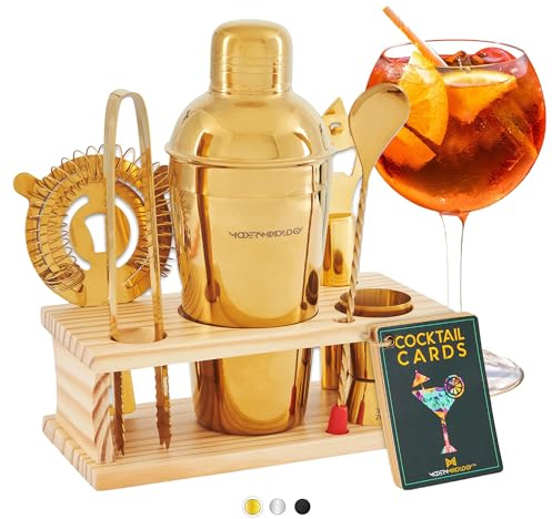 Modern Mixology Cocktail Shaker Set - Bartender Kit with Pine Stand | Leak-Proof Design | Includes Martini Shaker, Jigger, Strainer, Spoon, Tongs | Perfect Bar Tools Gift for Home Mixology (Gold)