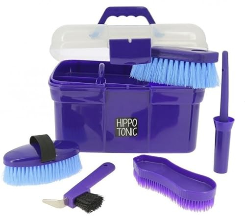 RL24 - Kinder Putzbox für Pferde Hippo-Tonic | Putzkasten mit Hufkratzer, Hufpinsel, Kardätsche & Pferdebürsten | Putzkiste in Violett | Putzkoffer für Pferde | Pferdepflege Set 5-teilig