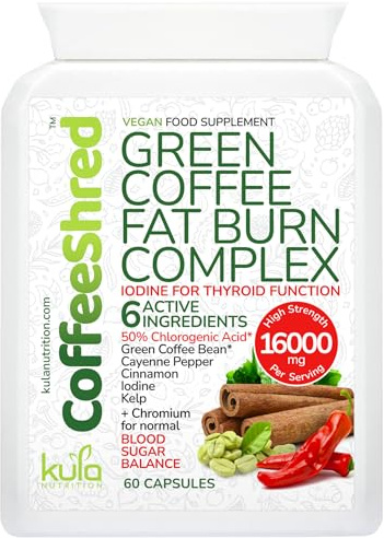 CoffeeShred - Green Coffee Bean Extract Complex for Weight Management - 16,000mg Serving - Herbal Slimming Tablets with Cinnamon, Kelp, Cayenne Chilli Pepper, Iodine and Chromium - 60 Vegan Capsules