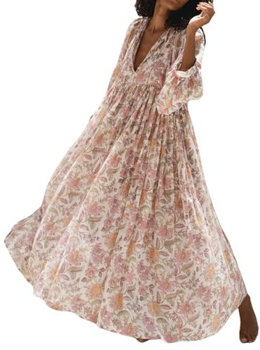 Women's Deep V Neck Puff 3/4 Sleeve Long Dress High Waist Floral Print A Line Midi Dresses Smocked Ruffle Flowy Casual Dress (Ivory White, XL)