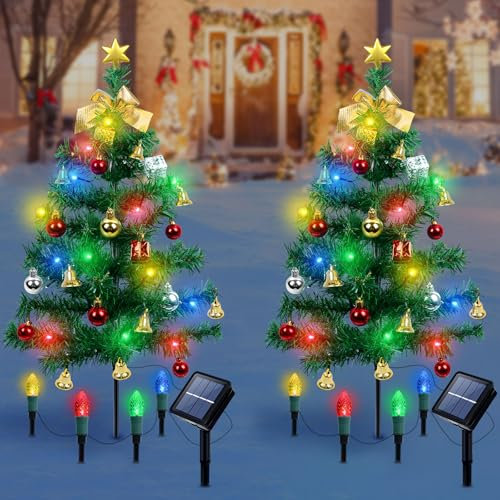 Qoosea Árbol de Navidad Con Luces Solares de Jardín - 2 Piezas, 4 Luces de Fresa LED, Exterior IP65 Impermeable - Decoración Para Patio, Césped y Caminos