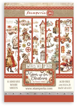Stamperia - Washi Pad for Scrapbooks, Albums, Cards, Bullet Journals, and More, Translucent, Easy to Cut, Acid Free, Perfect for Hobbies, Crafts, and Gifting (Gear up for Christmas) (A5) (8 Sheets)