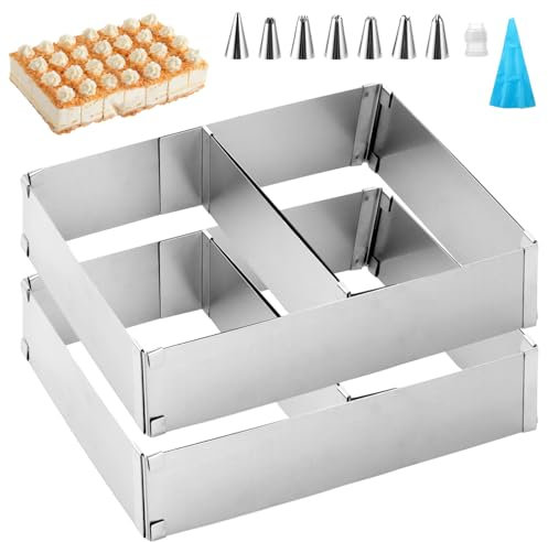CYEER 2 Stück Backrahmen Rechteckig Verstellbar, Backform Rechteckig, Viereckige Backform, Edelstahl Kuchenform eckig zum Backen und für die Zubereitung von Schichttorten