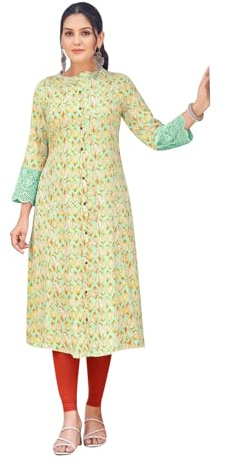 Ladyline Women's Ethnic Printed Kurti Tunic | Cutwork Lace on Sleeves - Front Slit Long Kurta Top (RPESK ZOL870) (44/ Sea Green)