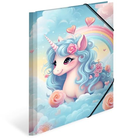 HERMA Collector's Folders A4 Happy Unicorn Set, 3 Pieces, Cardboard Corner Folder with Nursery Motif, Elastic Band, Inner Flaps and Inner Print for Boys, Girls and Children