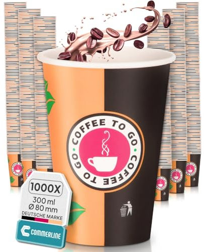 Commerline Taza de café To Go Cartón – 1000 unidades, 300 ml (12 oz) Slim Ø 80 cm | Vasos de papel desechables para café y té | Vasos desechables para llevar | Vasos de papel para bebidas calientes y