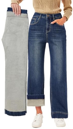 Fakanhui Jean ample pour femme avec doublure en polaire - Jambes larges - Pour l'hiver - Doublure thermique en flanelle - Jean ample et chaud, Foncé, Taille L