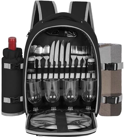 FREEAMG Sac à Dos de Pique-Nique pour 4 Personnes avec Compartiment Réfrigérants Isolés et Étanches, 30 Pièces Sac de Pique-Nique avec Ensemble et Couverture, pour Plage, Camping, Randonnée (Noir)