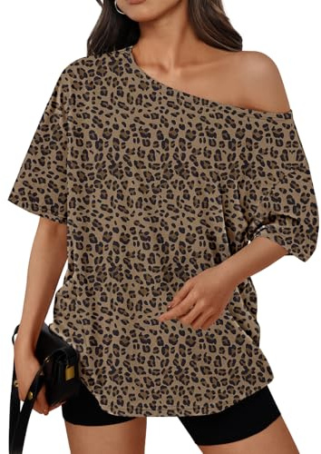 Trendy Queen Womens Off the Shoulder Tops Oversized T-Shirts Short Sleeve Tees Summer 2026 Casual Spring Clothes Workout Gym Y2k Cute Going Out Plus Size Fashion Clothing Leopardprint XL