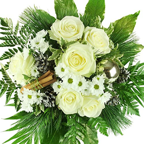 Wintermärchen - Festlicher Premium Blumenstrauß für Weihnachten und den Advent - Mit weißen Edelrosen # Inklusive Grußkarte