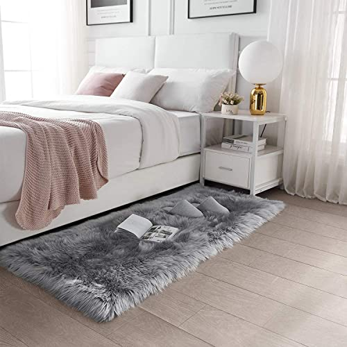 HLZDH Alfombra de imitación de Piel de Cordero Lujosa Suave Lana Artificial Alfombra para salón Dormitorio baño sofá Silla cojín (180 X 80 CM, Rectangular Gris)