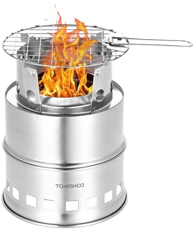 TOMSHOO Portable Folding Windproof Wood Burning Stove Compact Stainless Steel Alcohol Stove Outdoor Camping Hiking Backpacking Picnic BBQ