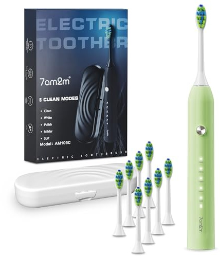 7AM2M Sonic Electric Toothbrush for Adults and Kids, with 8 Brush Heads and Travel Case,5 Modes with 2 Minutes Built in Smart Timer, One Charge Use for 90 Days, Rechargeable Toothbrushes (Light Green)