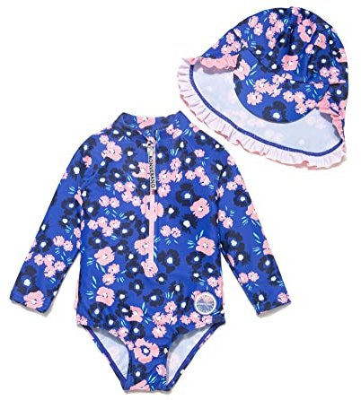 BONVERANO Traje de baño de una Pieza para niña, Mangas largas, protección UV 50+ con Gorra(Morado-Flor,18-24meses…