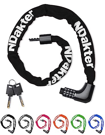 NDakter Fahrradschloss Hohe Sicherheit Zahlenschloss, Two Möglichkeiten zum Freischalten,100/130cm Lang Fahrrad Schloss mit 4-Stellig Zahlencode Radschloss KettenSchloss für Ebike, Scooter, Rad