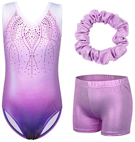 ZNYUNE Niña Maillots de Gimnasia Multicolor Conjunto de 3 Piezas B182 TQ-Morado 12A