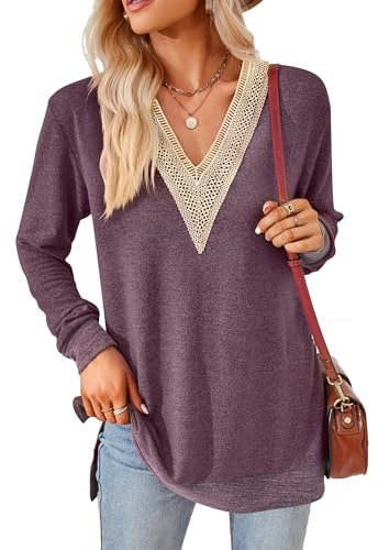 iChunhua Womens V Neck Lace Trim Lightweight Soft Jumpers Ladies Colour Contrasts Splits Side Relaxed Fit Tunic Tops