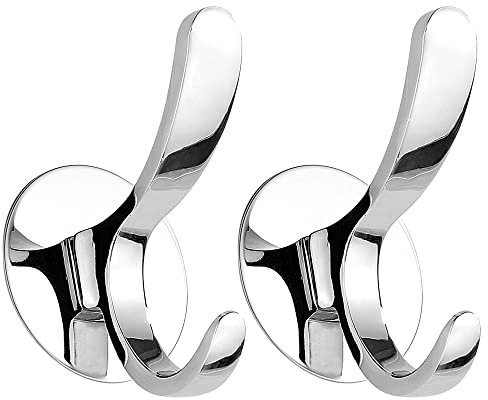 GERUIKE Adhesive Hooks Heavy Duty Stick on Coat Hooks Wall Mounted Double Hook Design, Strong Sticky 20KG(MAX), 2 Pack Chrome Door Hooks for Hanging Towel Coat Hat Robes in Bathroom Kitchen Bedroom