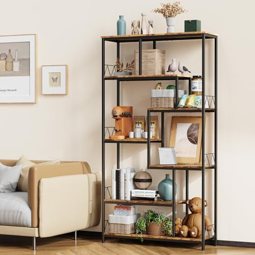 Bealife Bücherregal, 5-stöckiges versetztes Bücherregal. Offenes freistehendes Regal für Wohnzimmer, Industriedesign, 98 x 30 x 180 cm, Büro, Arbeitszimmer, Retro