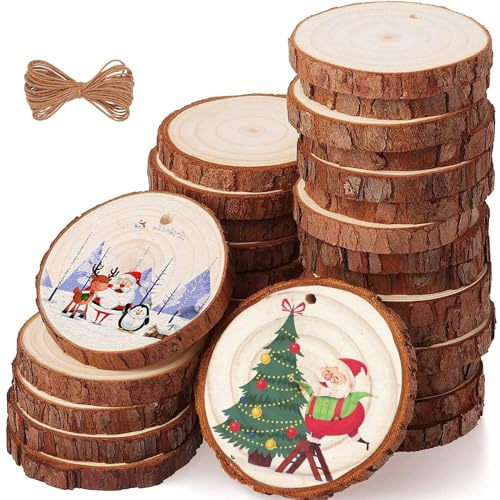 Natural Wood Slices - 30 Circle Wooden Discs 5-6 cm, Unfinished Log Circles, 1cm Thick Wooden Discs with Hole and 10 M Natural Jute Twine for DIY Crafts & Christmas Decorations