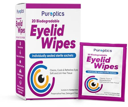 Puroptics Eyelid Wipes | Suitable for use with Sensitive Eyes, Dry Eyes, Blepharitis & MGD | Detergent and Preservative Free | 20 Individually Wrapped Eyelid Cleansing Wipes (1)